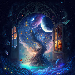 AI surreal poster of a magical epic tree in a cosmos nebula. Space art illustration with stars, fabulous starry sky, in a mythical fairytale night with magic gate. A cosmic fantasy dreamy gate portal