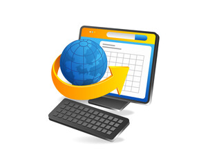 Aufkleber - Flat 3d concept isometric illustration of earth coming out of computer monitor