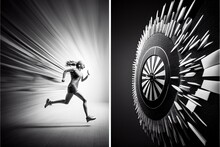 Collage Picture Of Two Excited Black White Colors People Running Climb Arrow Darts Board Goal Isolated On Creative Background