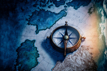 old antique compass on a paper map blue gold background wallpaper, goals objectives purpose why, tru