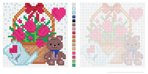 Wall Mural - vector pixel illustration, basket with flowers and congratulations, happy teddy bear, coloring book, embroidery design, mosaic, creativity, development of motor skills and imagination