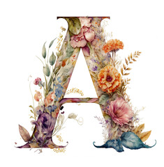Sticker - letter A monogram watercolor floral wildflowers weddings isolated blossom bouquet uppercase capital alphabet initials invitations greeting thank you cards poster holiday transparent png background ai