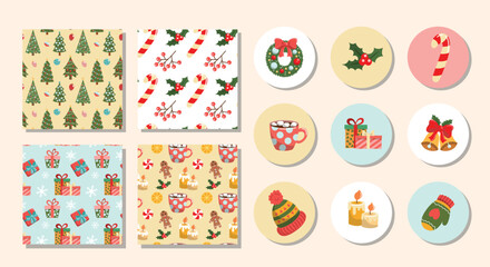 Wall Mural - Christmas patterns set. Collection of graphic elements for site. Design elements for invitation and greeting cards. Holiday and festival. Cartoon flat vector illustrations isolated on beige background