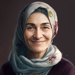 Wall Mural - Smiling middle eastern mature woman wearing a hijab looking at the camera headshot. Generative AI