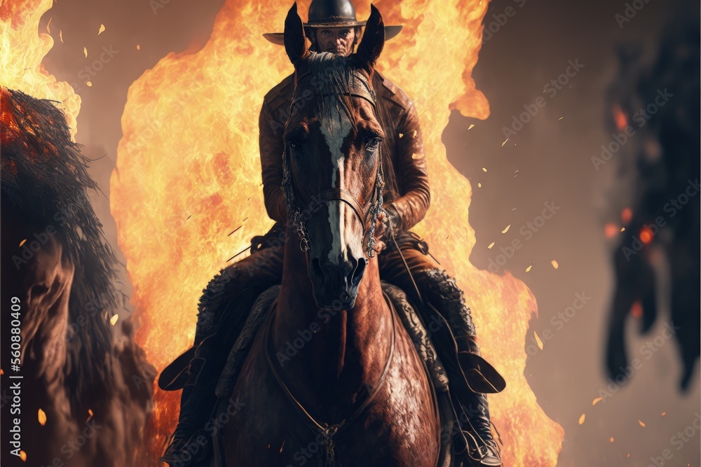 Cowboy riding horse in front of a burning fire generative ai Stock ...