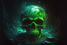 Green Skull. Evil Skeleton Head. Halloween Concept. Generative AI