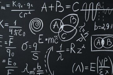 Wall Mural - Different physical formulas written with chalk on blackboard, closeup
