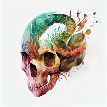 Snake Skull. Double Exposure Watercolor Skeleton Head. Halloween Concept. Generative AI