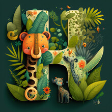 Cute Letter H, Children's Book, Jungle Theme, Generative AI
