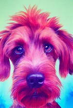 Funny Adorable Portrait Headshot Of Cute Doggy. Irish Terrier Dog Breed Puppy, Standing Facing Front. Looking To Camera. Watercolor Imitation Illustration. AI Generated Vertical Artistic Poster.