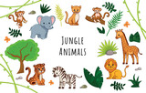 Fototapeta  - Jungle with animals. Poster or banner for website. Zebra, giraffe and elephant. African savanna, fauna and wild life. Foliage and animals. Greeting postcard design. Cartoon flat vector illustration