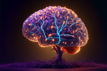 Wall Mural - Neon brain on a black background. Ai Generative image.