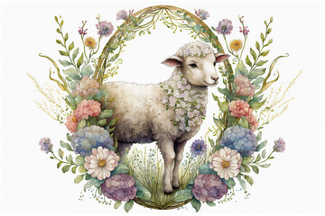 Wall Mural - Baby lamb surrounded by flowers oval shape  watercolor, Generative AI