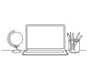 Wall Mural - continuous line drawing globe notepad pencils - png image with transparent background