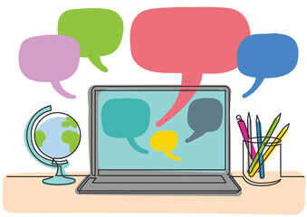 Wall Mural - continuous line drawing globe notepad pencils 2 colored - png image with transparent background