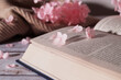 Beautiful hortensia flowers and book on white wooden table, closeup