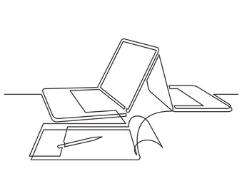 Poster - continuous line drawing two laptop computers notepad - PNG image with transparent background