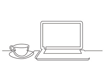 Wall Mural - continuous line drawing work laptop computer cup of tea - png image with transparent background