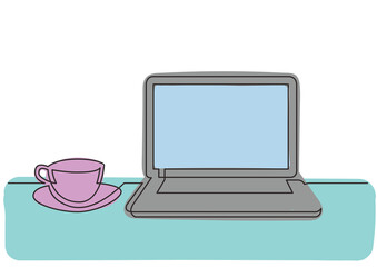 Wall Mural - continuous line drawing work laptop computer cup of tea 3 colored - png image with transparent backg