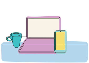 Wall Mural - continuous line drawing work laptop computer mobile phone 3 colored - png image with transparent bac