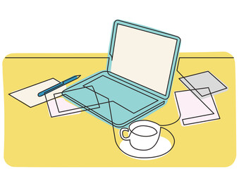 Wall Mural - continuous line drawing work laptop computer papers cup of tea 3 colored - png image with transparen