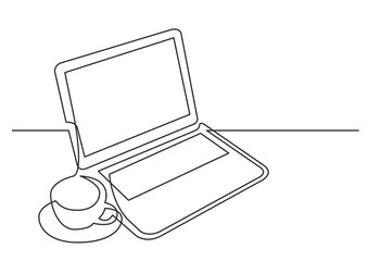 Wall Mural - continuous line drawing work laptop cup of tea - png image with transparent background