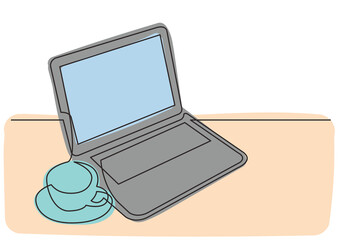 Wall Mural - continuous line drawing work laptop cup of tea 3 colored - png image with transparent background