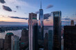 Buissnes center of Manhattan in New York durning sunset from drone. Aerial view of downtown NYC.