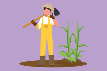 Wall Mural - Graphic flat design drawing farmer standing with call me gesture, wearing straw hat, carrying shovel to plant crop or harvest on farmland. Rural agricultural worker. Cartoon style vector illustration