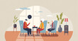 Retirement home or elderly seniors health and mental care tiny person concept. Recreation living and spending time together with other people vector illustration. Grandmother and grandfather talking.