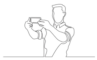 Wall Mural - continuous line drawing standing man making selfie with two hands - PNG image with transparent background