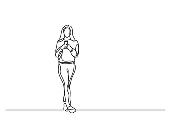 Wall Mural - continuous line drawing woman standing reading cell phone - png image with transparent background