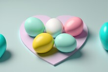  A Heart Shaped Box Filled With Colorful Eggs On A Table Top With A Blue Background And A Pink Heart Shaped Box With Eggs On It And A Yellow One Of The Other Side Of The.  Generative