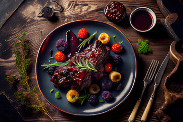 Grilled Venison Ribs with baked vegetables for dinner