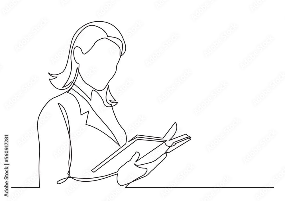 continuous line drawing standing business woman reading book - PNG ...