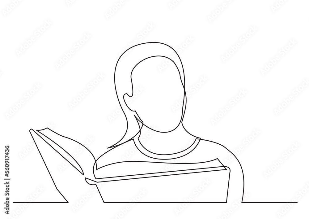 continuous line drawing young woman studying reading book - PNG image ...