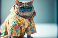 Summer Season Concept With Cat In Summer Clothes. Generative AI