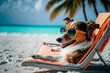 Cool dog with sunglasses in summer holidays, lying on beach chair in tropical island, sunbathing and relaxing vacation concept, generative ai.