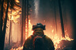Firefighter in the middle of forest fire, generative AI.