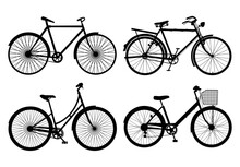 Bicycle Silhouettes In Different Styles. Vector Illustration.