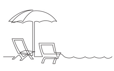 Wall Mural - continuous line drawing beach chair and sea waves - PNG image with transparent background