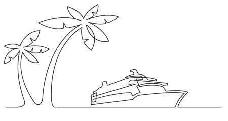 Canvas Print - continuous line drawing palm trees cruise ship - PNG image with transparent background