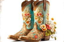 Cowboy Boots With Floral Decorations For Cowgirl Isolated On White Background