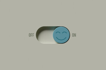 Wall Mural - On and off toggle switch buttons with positive smile face icon, Positive thinking, Mental health assessment, World mental health day concept, Turn on sign of positive with good health, 3D rendering
