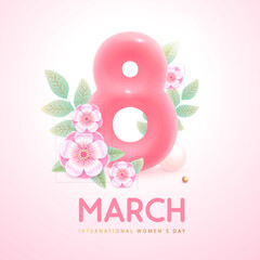 Wall Mural - International happy women`s day greeting card. Realistic pink plastic number eight, spring flowers and green leaves. March 8. Vector illustration