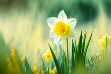 Spring Daffodil Flower Blooming In Nature In Large Green Clearing