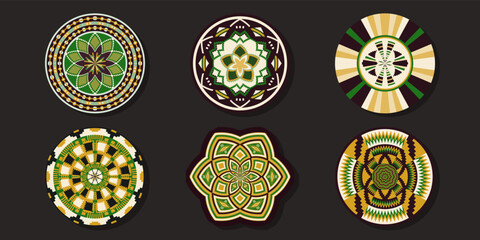Set of African baskets. Ethnic geometric round ornament pattern. Collection of mandalas in tribal style. Design baskets from Botswana.