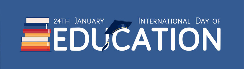 International day of Education on 24th of January greeting vector banner. Stack of books and graduation hat on top of letter C as symbol of studying and knowledge, text message at  blue background