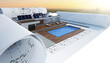 Planung eines modernen, energieeffizienten Bungalow mit Swimmingpool (Stadtpanorama im Hintergrund) - 3D Visualisierung
