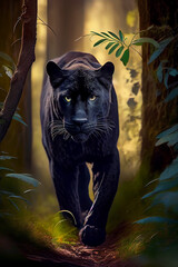 Wall Mural - Wunderschöner schwarzer panther läuft durch einen Dschungel - Ai generiert